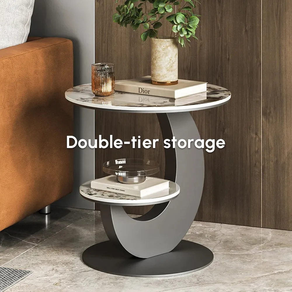 Round Faux Marble 2 Tier End Table Modern White & Gold Side Table — image 27