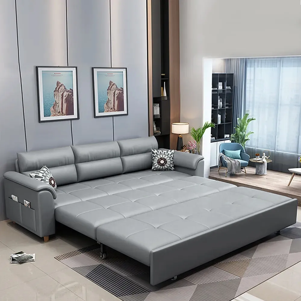 Leather Queen Size Sleeper Sofa with Trundle Pull Out Sofa Bed — image 12