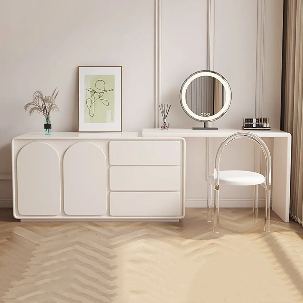 Modern White Makeup Vanity Retractable Dressing Table with Doors & Drawers Beauty Station for Bedroom — image 4