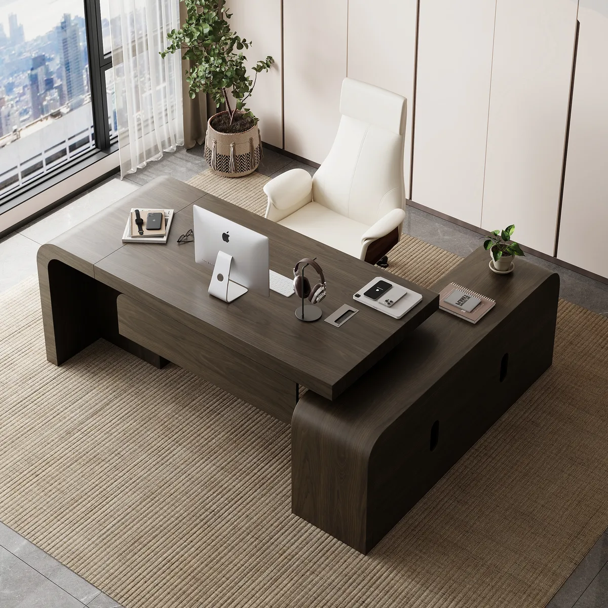Chicent 71'' L-shaped Smoked Brown Computer Desk with Cabinet Left Hand — image 4