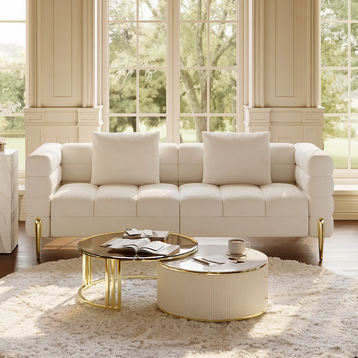 Round 2-Piece Nesting Set Sintered Stone Top Beige Coffee Table with Drawer 78.7" Modern White Boucle Upholstered Fluted 3-Seater Sofa — image 2
