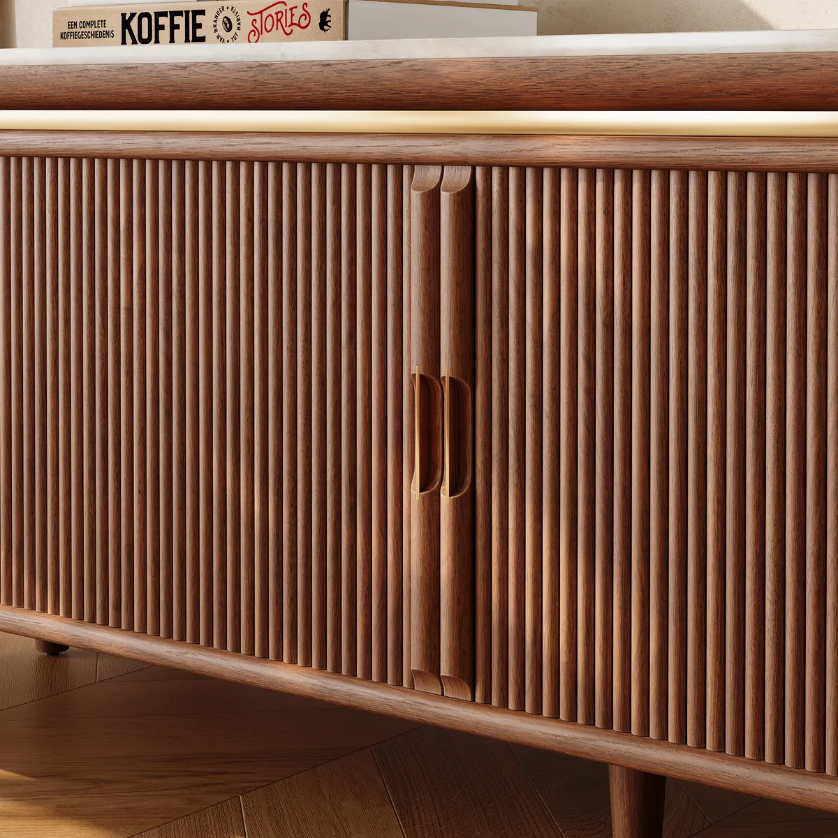 79" Ash Wood Walnut Fluted TV Stand with Sintered Stone Top — image 8