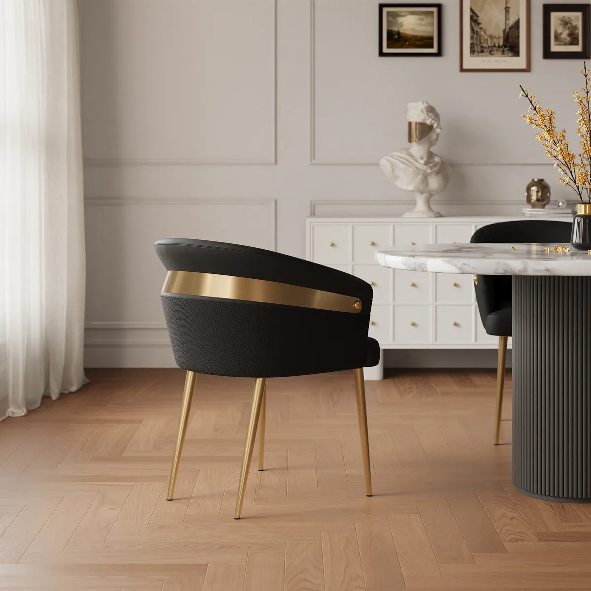 Modern Black PU Leather Dining Chair Curved Back with Gold Legs — image 10
