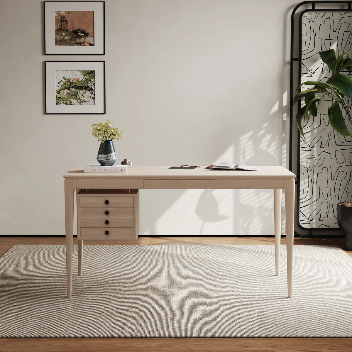 Mid-Century Style 55.1" Whitewash Ash Wood Home Office Desk with 3 Storage Drawers and Metal Accents — image 3
