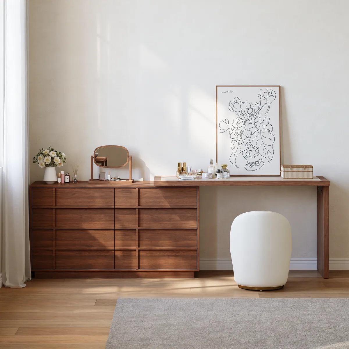 Panvyr Wooden Extendable L-Shaped Makeup Vanity Dresser with Vanity Mirror (49"–94") — image 4