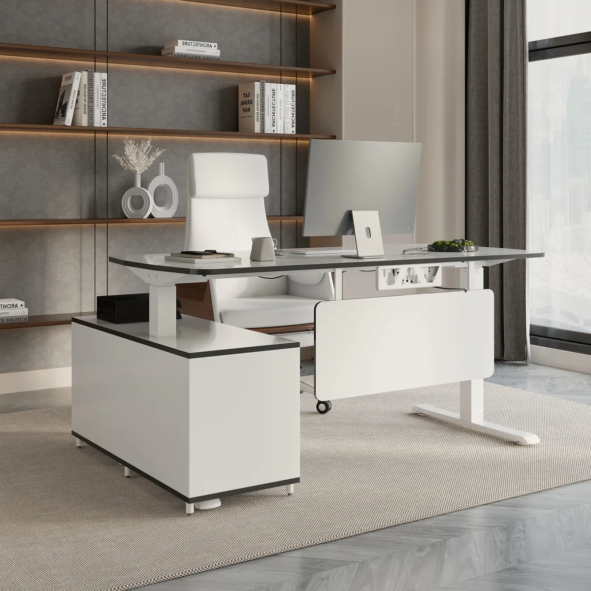 L Shaped Executive Office Desk Standing Desktop with 3 Doors & Drawer White Office Furniture Left Hand(63")  & Office Chair Set