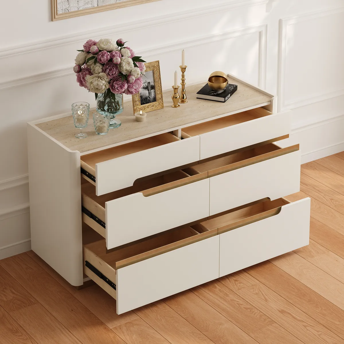 Horva 47" Faux Travertine Sintered Stone 6-Drawer Dresser — image 4