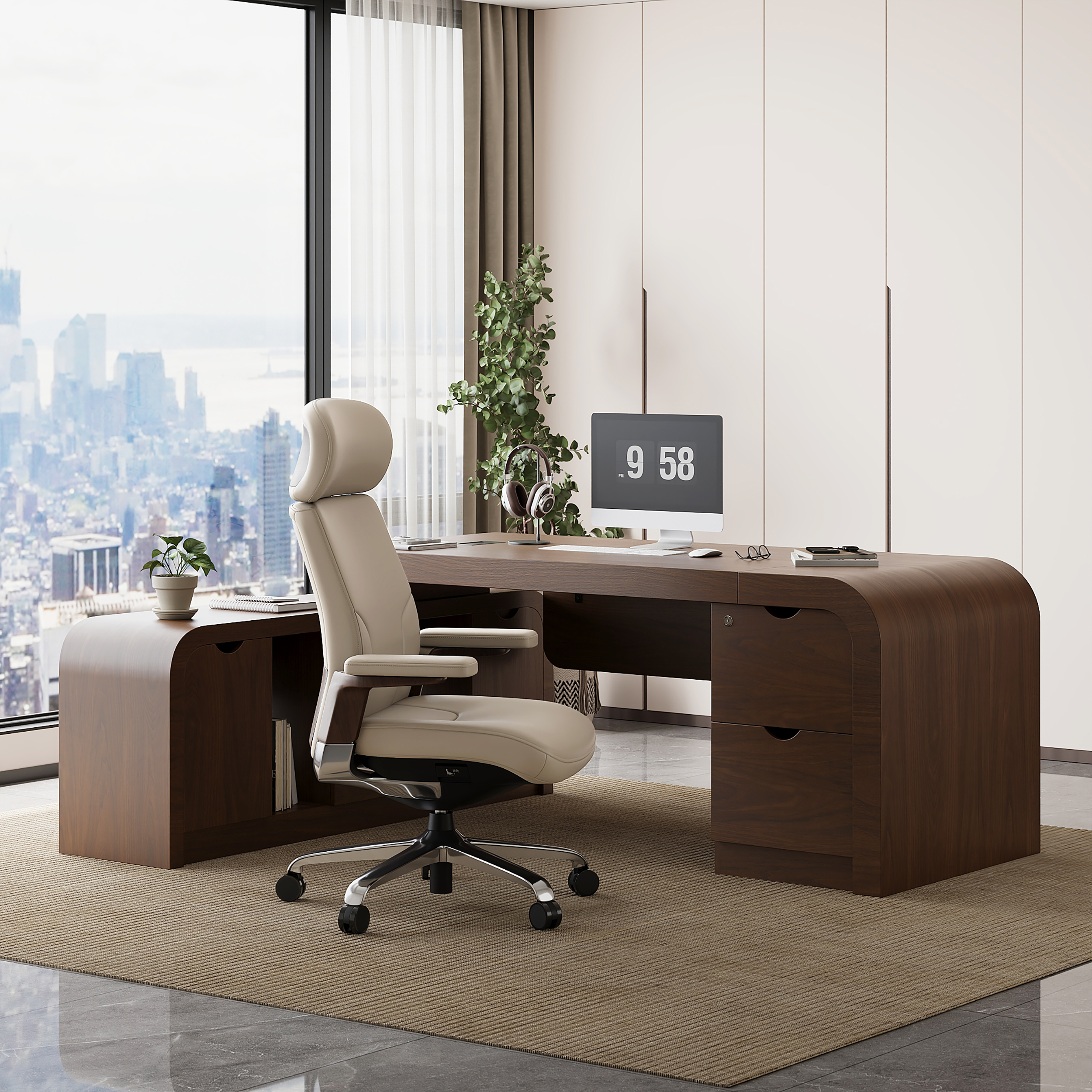 Black Genuine Leather Swivel Office Chair with Ergonomic Synchro-Tilt Recline System — image 14
