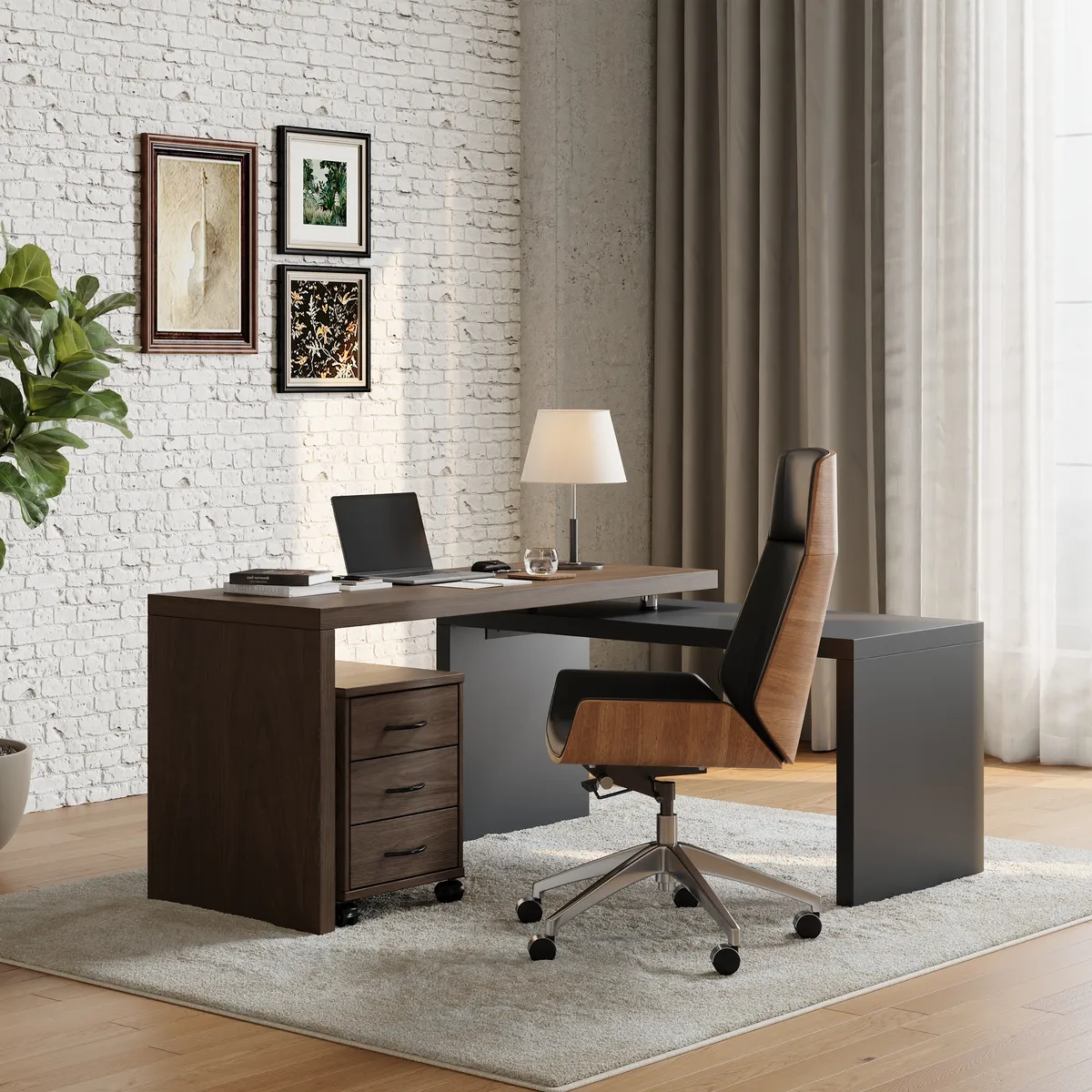 Modern L Shaped Executive Office Desk with with Movable File Cabinet Black & Walnut Swivel Desk Office Furniture (59.8" )