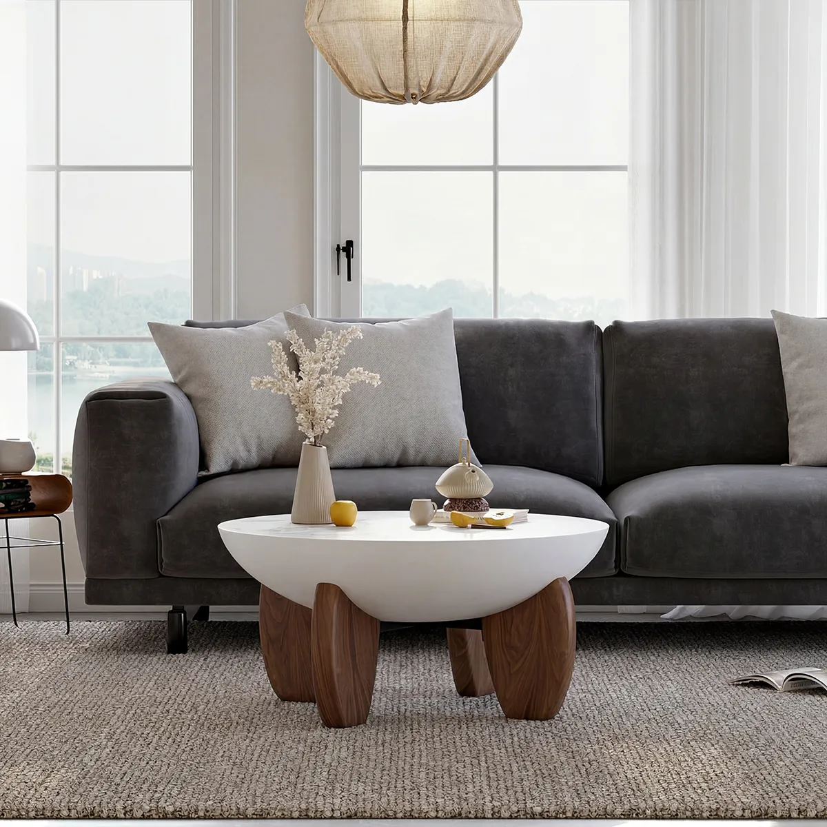 Curva Round Concrete Walnut Coffee Table with Wood Legs — image 4
