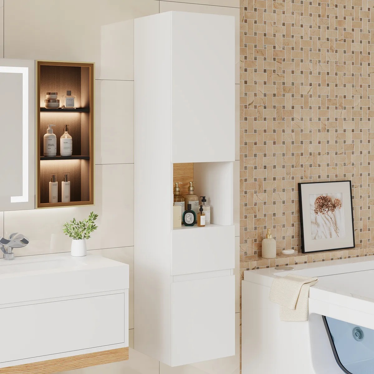 Homary Bathroom Cabinet | High Cabinet Natural & White - 13.8" x 13.8" x 63", With Drawers — image 5