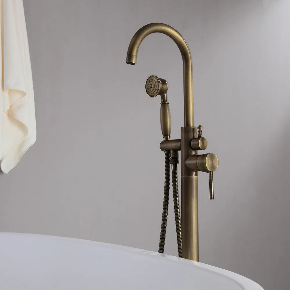 Classic Single Handle Swirling Spout Freestanding Tub Faucet with Handshower Solid — image 2