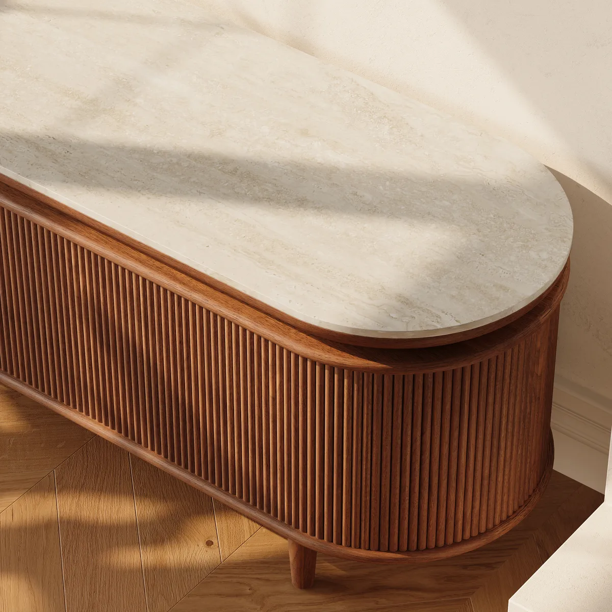 79" Ash Wood Walnut Fluted TV Stand with Sintered Stone Top — image 9