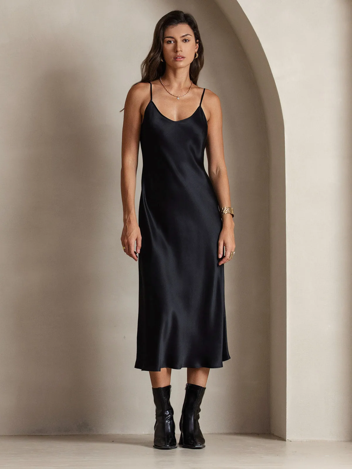 100% Mulberry Silk Spaghetti Strap Midi Long Dress — image 5
