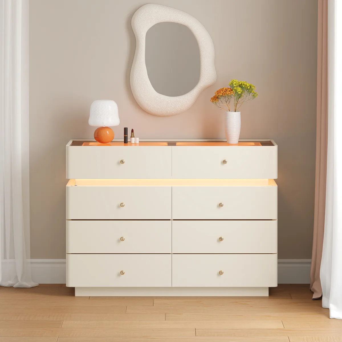47" Glass Top Walk-in Closet Island 8-Drawer Dresser with Light — image 10