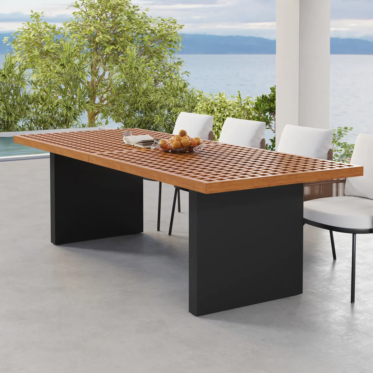Grida Outdoor Teak & Aluminum Rectangular Dining Table, Seats 8 (94")