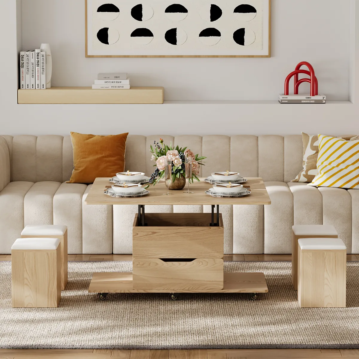 Modern Walnut Lift Top Coffee Table 4 in 1 with Storage Ottoman Foldable and Casters — image 15