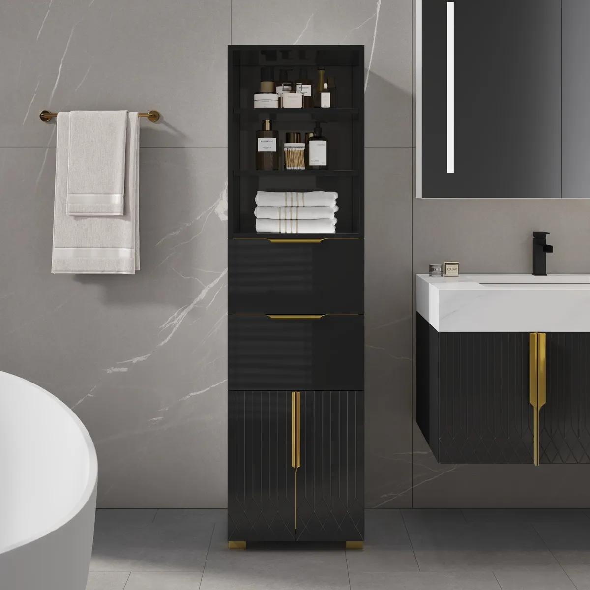 Aro 59" Freestanding Bathroom Storage Cabinet with Shelves, Drawers & Doors