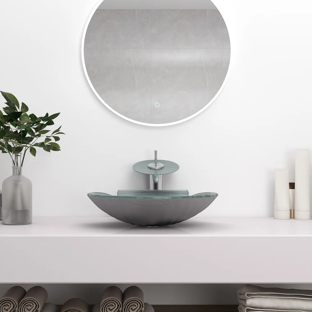 Vessel Transparent Shell Shaped Crystal Glass Bowl Bathroom Wash Sink with Faucet — image 5