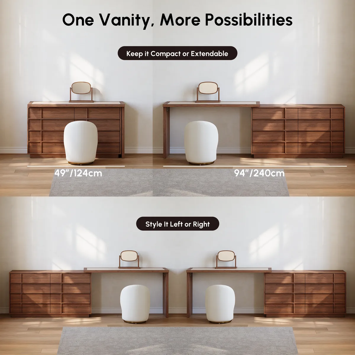 Panvyr Wooden Extendable L-Shaped Makeup Vanity Dresser with Vanity Mirror (49"–94") — image 7