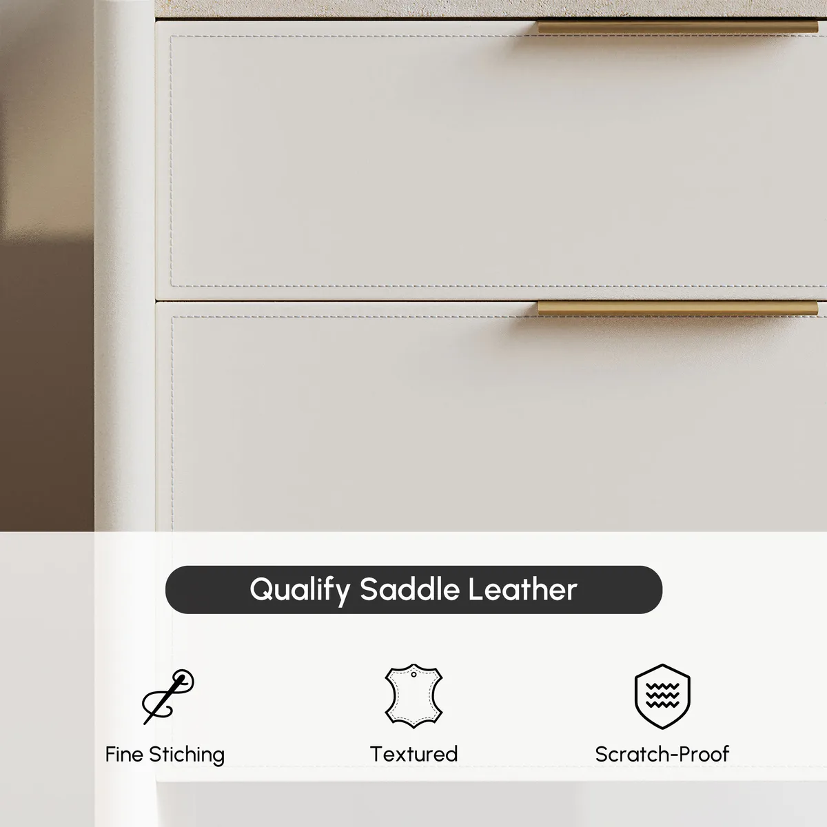 Modern Saddle Leather 2-Drawer Nightstand with Faux Travertine Stone Top — image 8