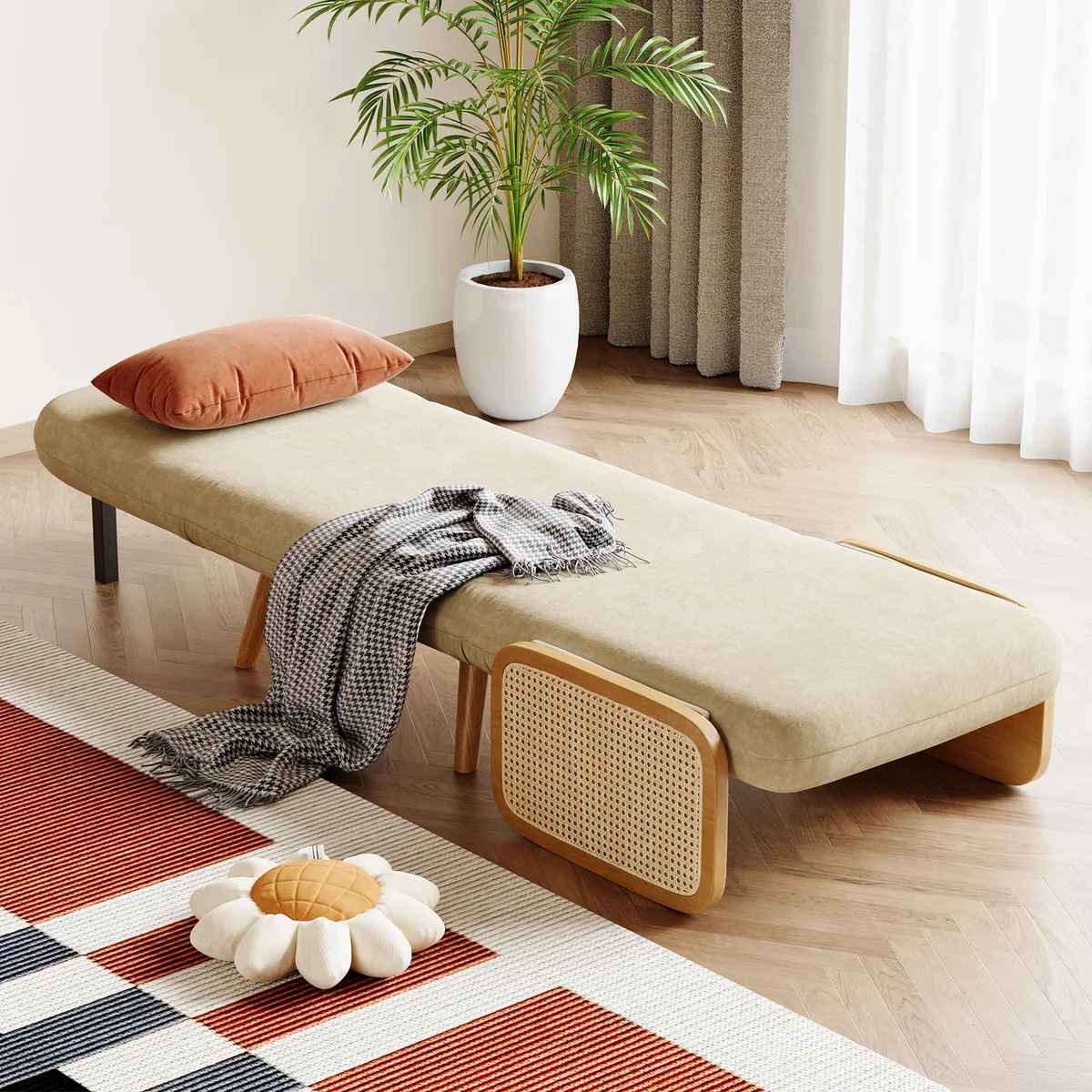 Futon Bed Twin Sleeper Sofa Convertible Chair Bed with Rattan Armrest
