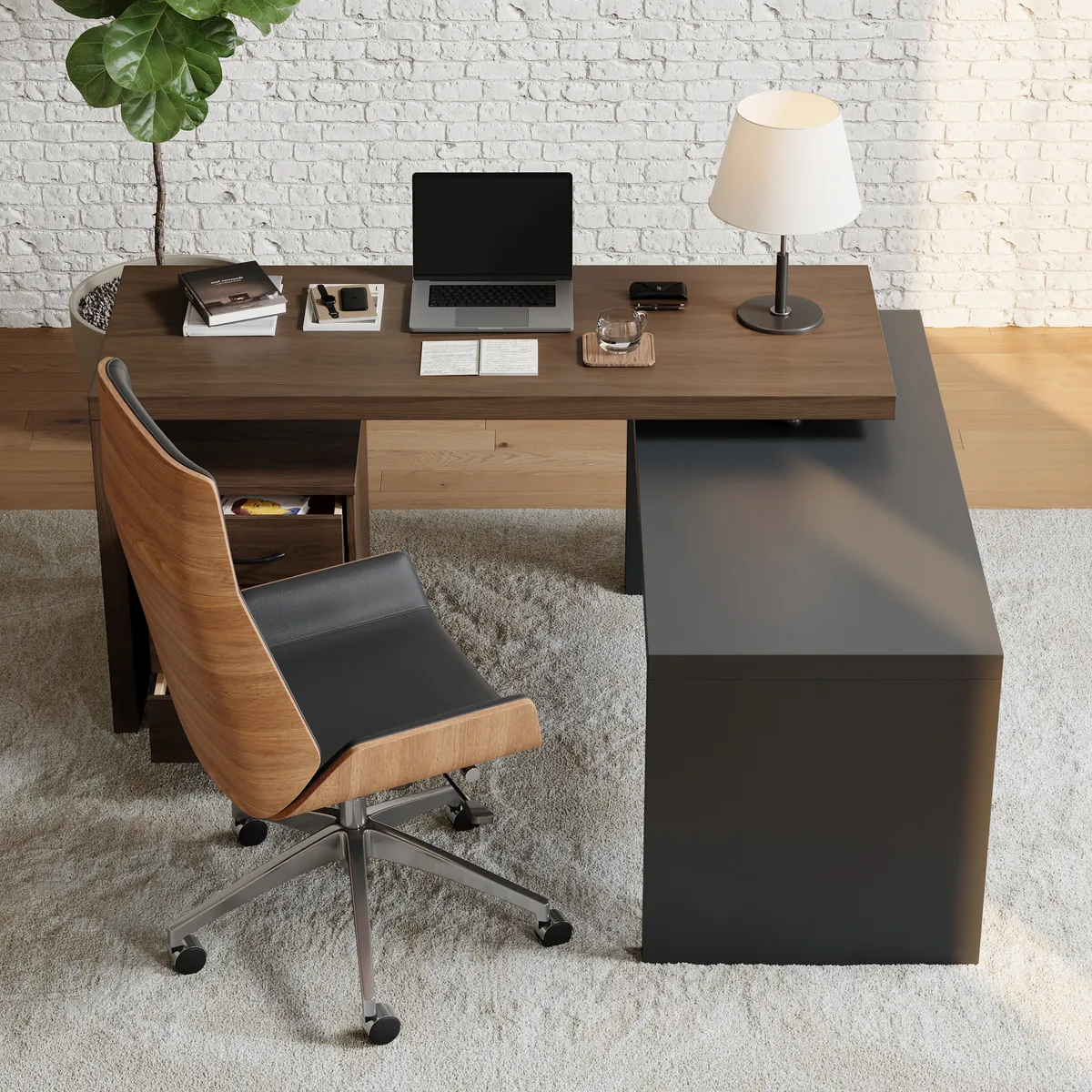 Modern L Shaped Executive Office Desk with with Movable File Cabinet Black & Walnut Swivel Desk Office Furniture (59.8" ) — image 3