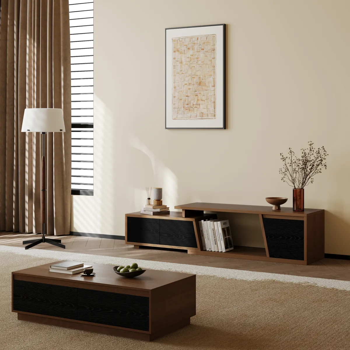 Fero Minimalist Rectangle Gray Extendable TV Stand with 3 Drawers Up — image 4