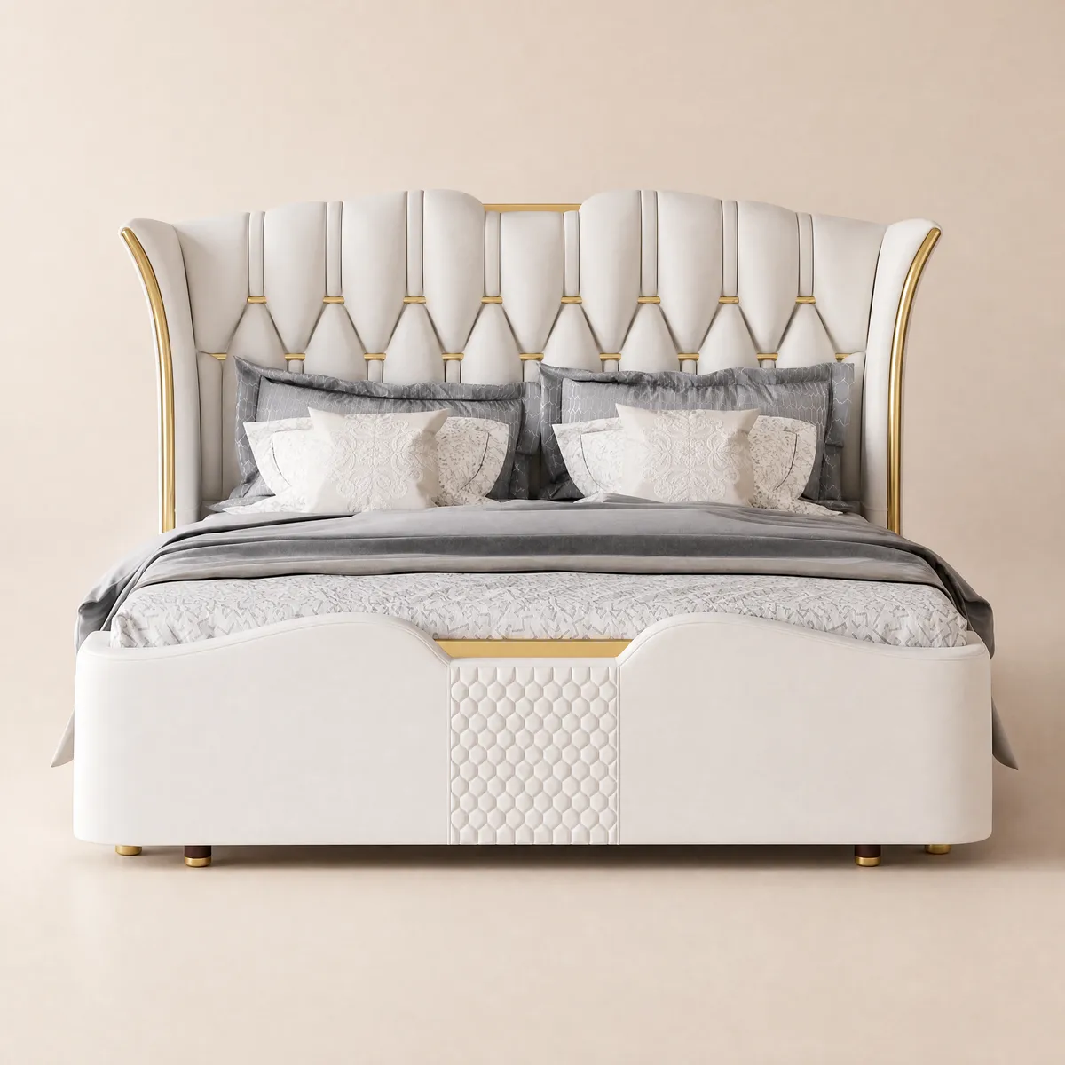 King Size Upholstered Leather Bed Frame with Tufted Wingback Headboard — image 9