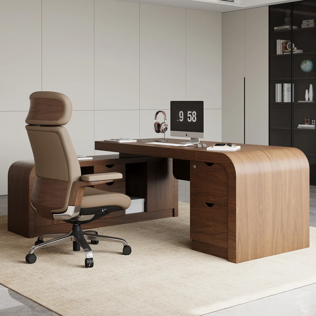 Black Genuine Leather Swivel Office Chair with Ergonomic Synchro-Tilt Recline System — image 25