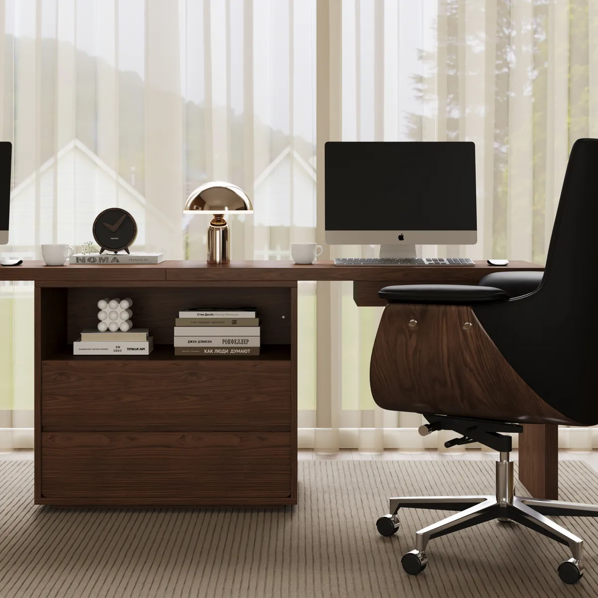 Modern 94" Rectangular Brown Double Desk with Drawers, Seats 2 — image 7