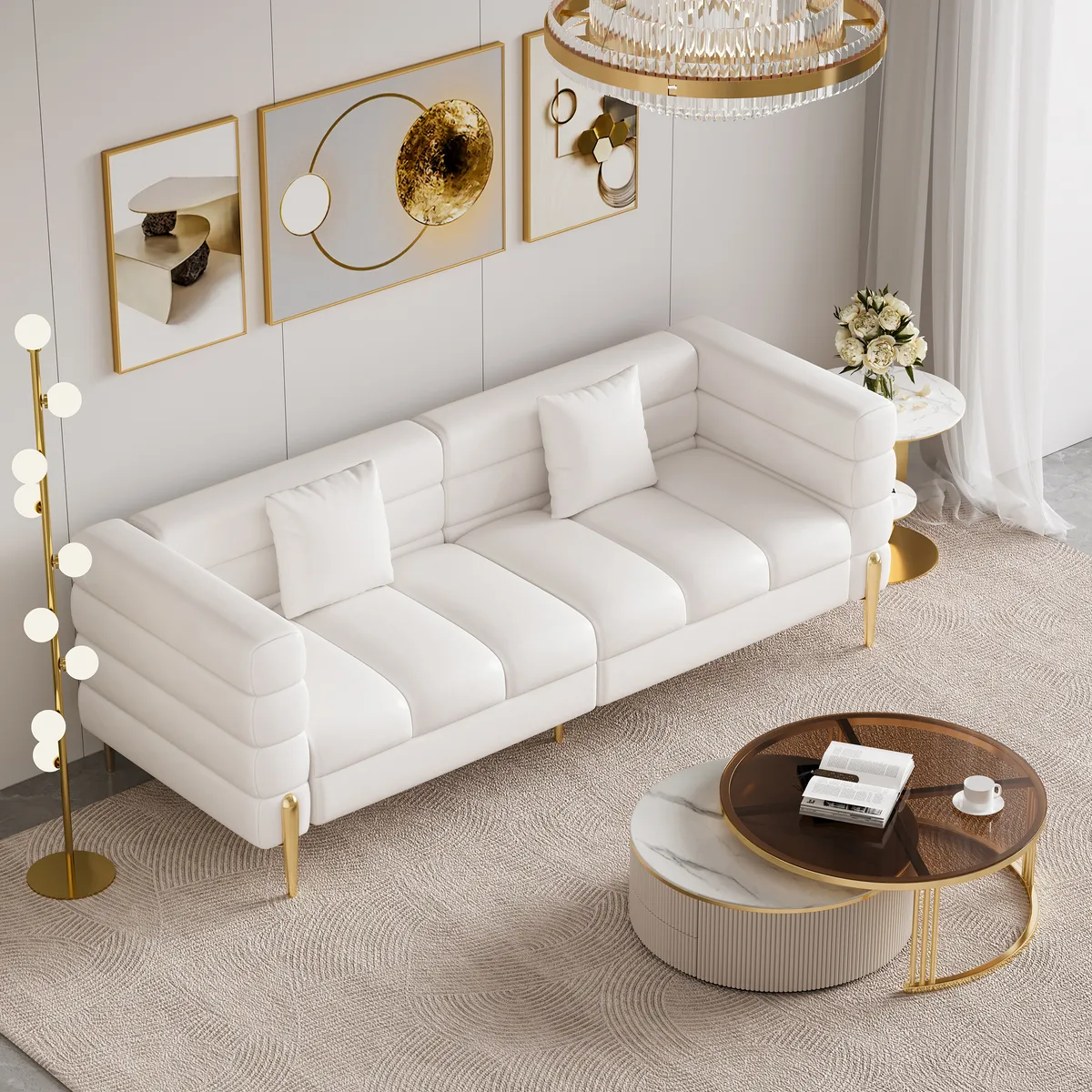 Round 2-Piece Nesting Set Sintered Stone Top Beige Coffee Table with Drawer 78.7" Modern White Boucle Upholstered Fluted 3-Seater Sofa — image 12