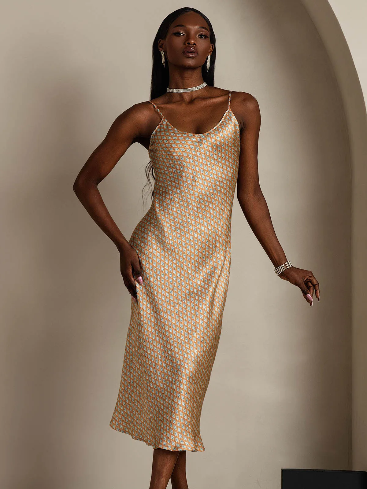 100% Mulberry Silk Geometric Print Spaghetti Strap V Neck Midi Dress