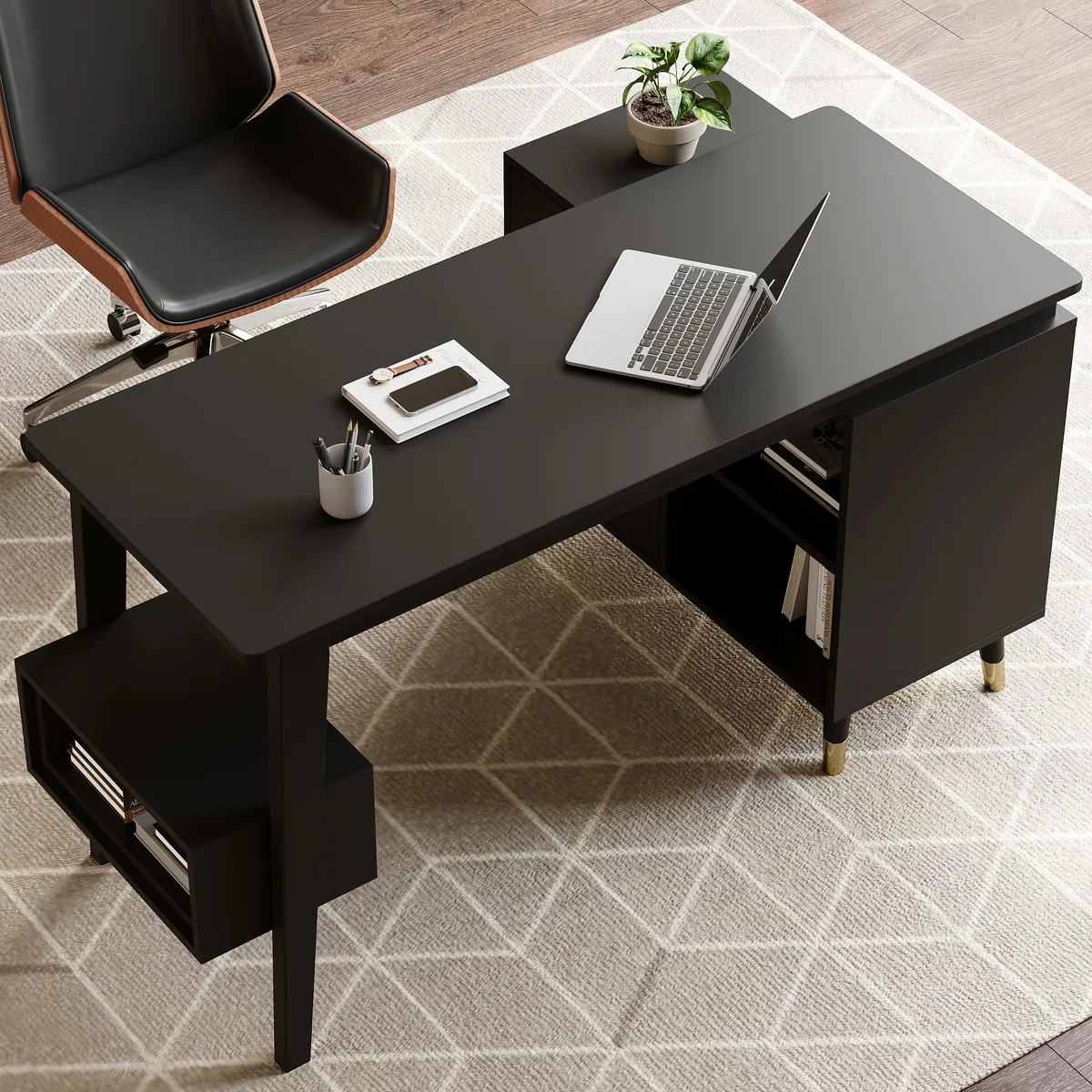 Ultic Gray Reversible L-Shaped Desk & Faux Leather Office Chair Set with Wheels — image 14