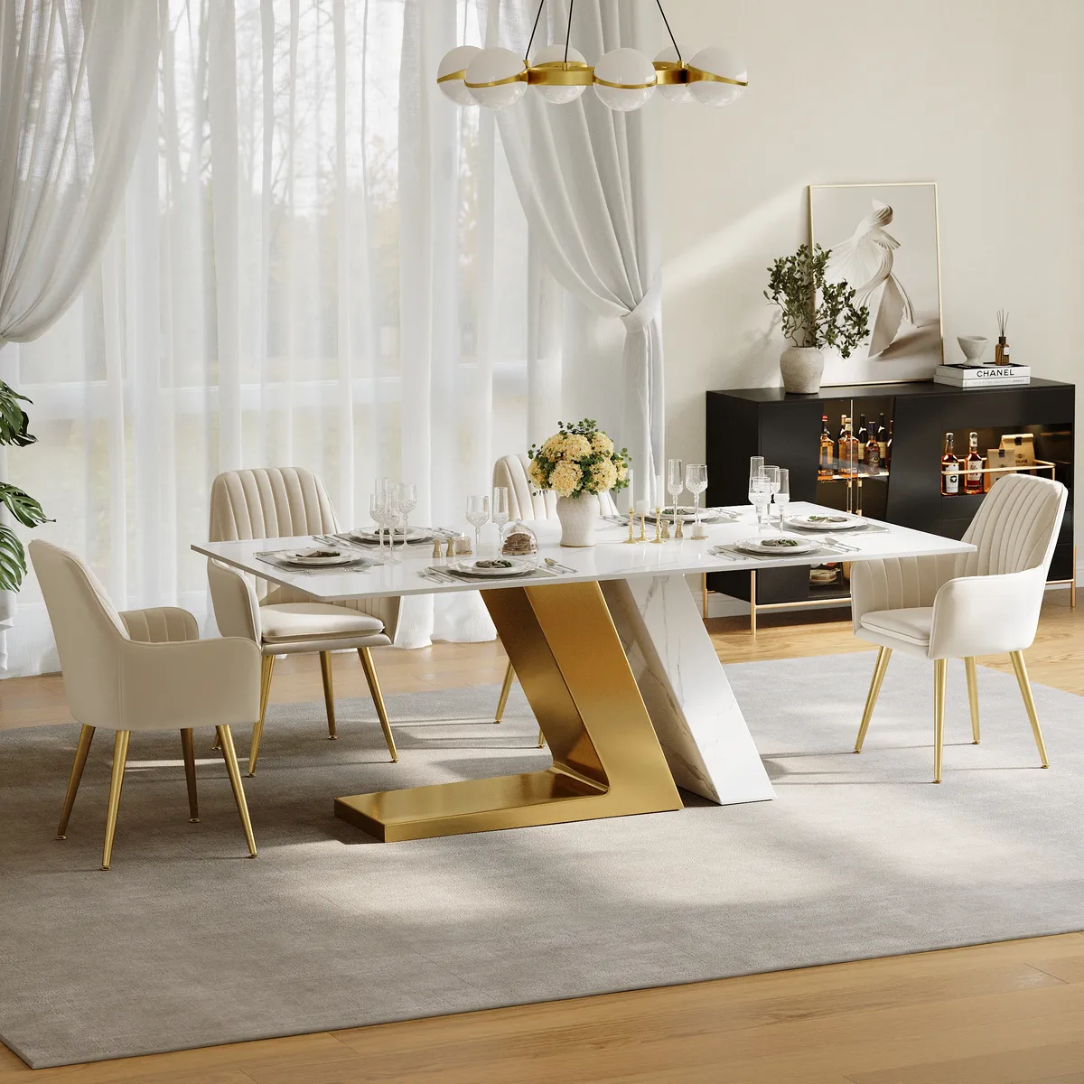 Modern 63" Rectangle Faux Marble Dining Table with 4 Chairs — image 13