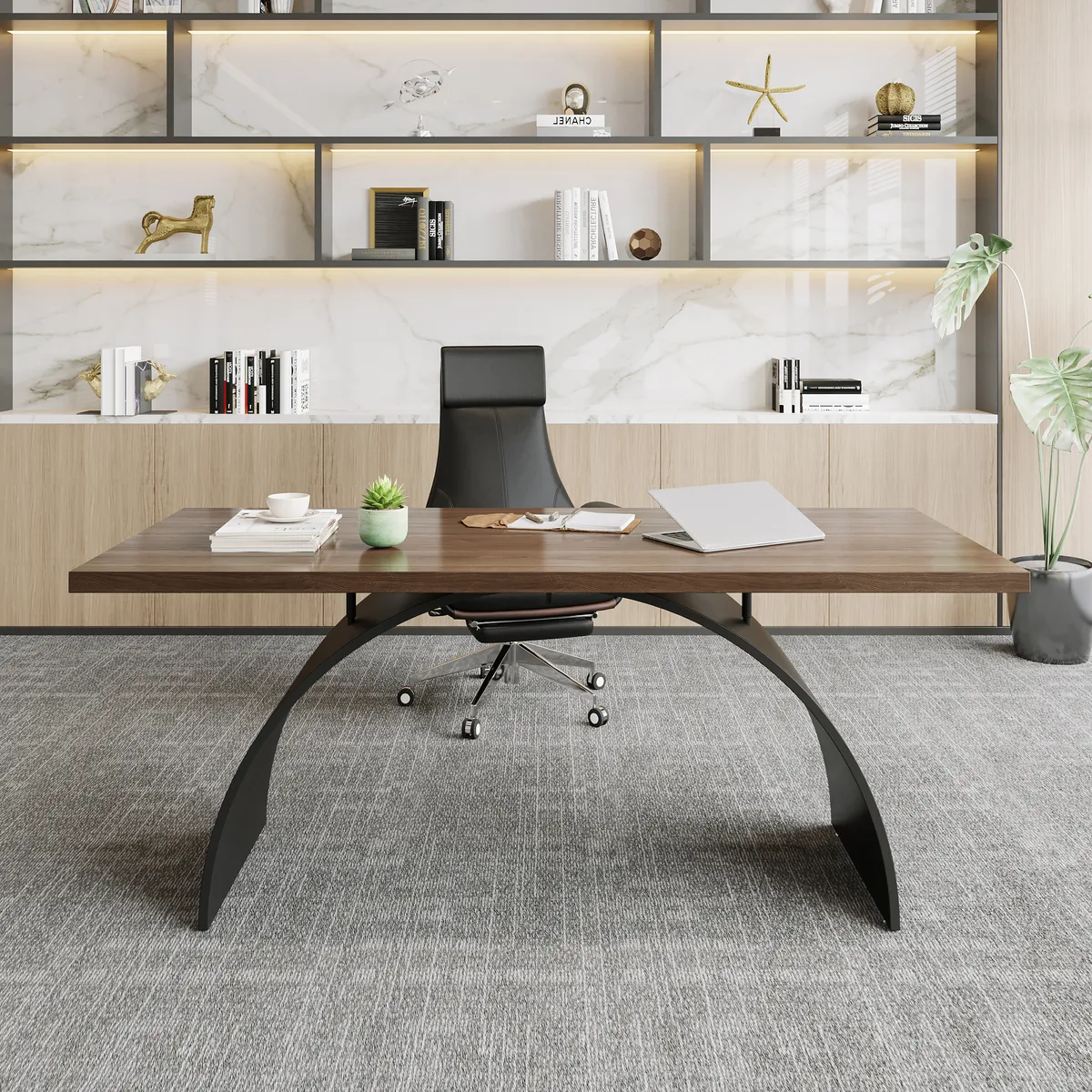 70.9" Industrial Black Rectangular Writing Desk & Office Desk Chair Set High Back — image 3