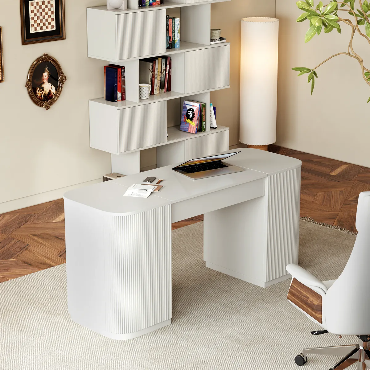 Modern 60" Black Standing Office Desk & Sliding Door Etagere Bookshelf — image 23