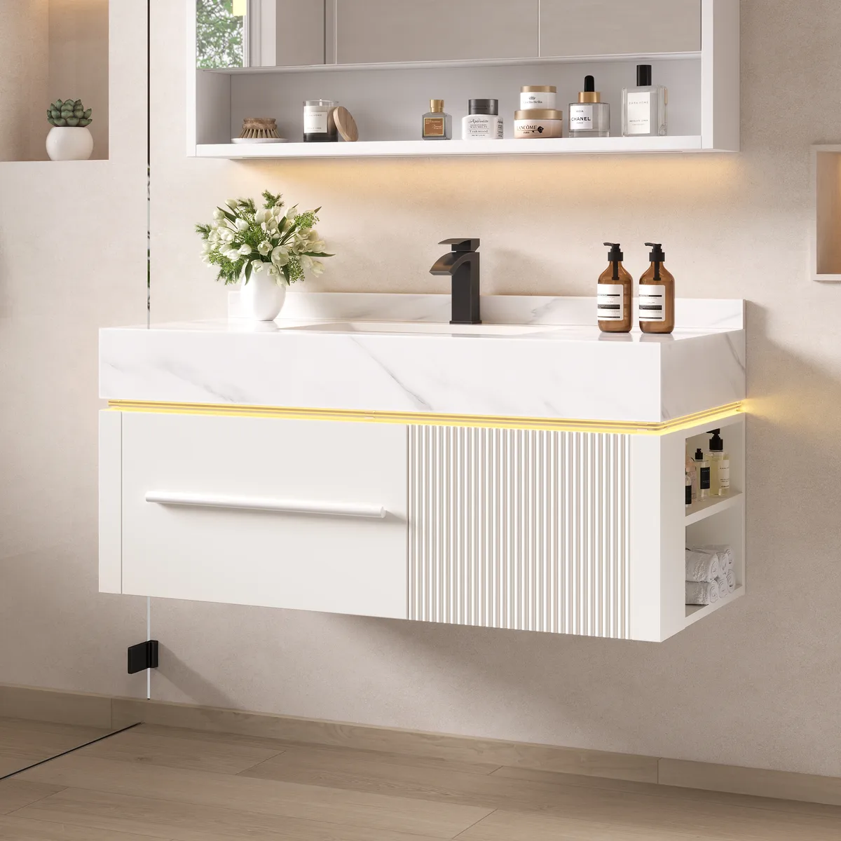 39.4" Wall-Mounted Bathroom Vanity with Sintered Stone Top, LED Sensor Light — image 2