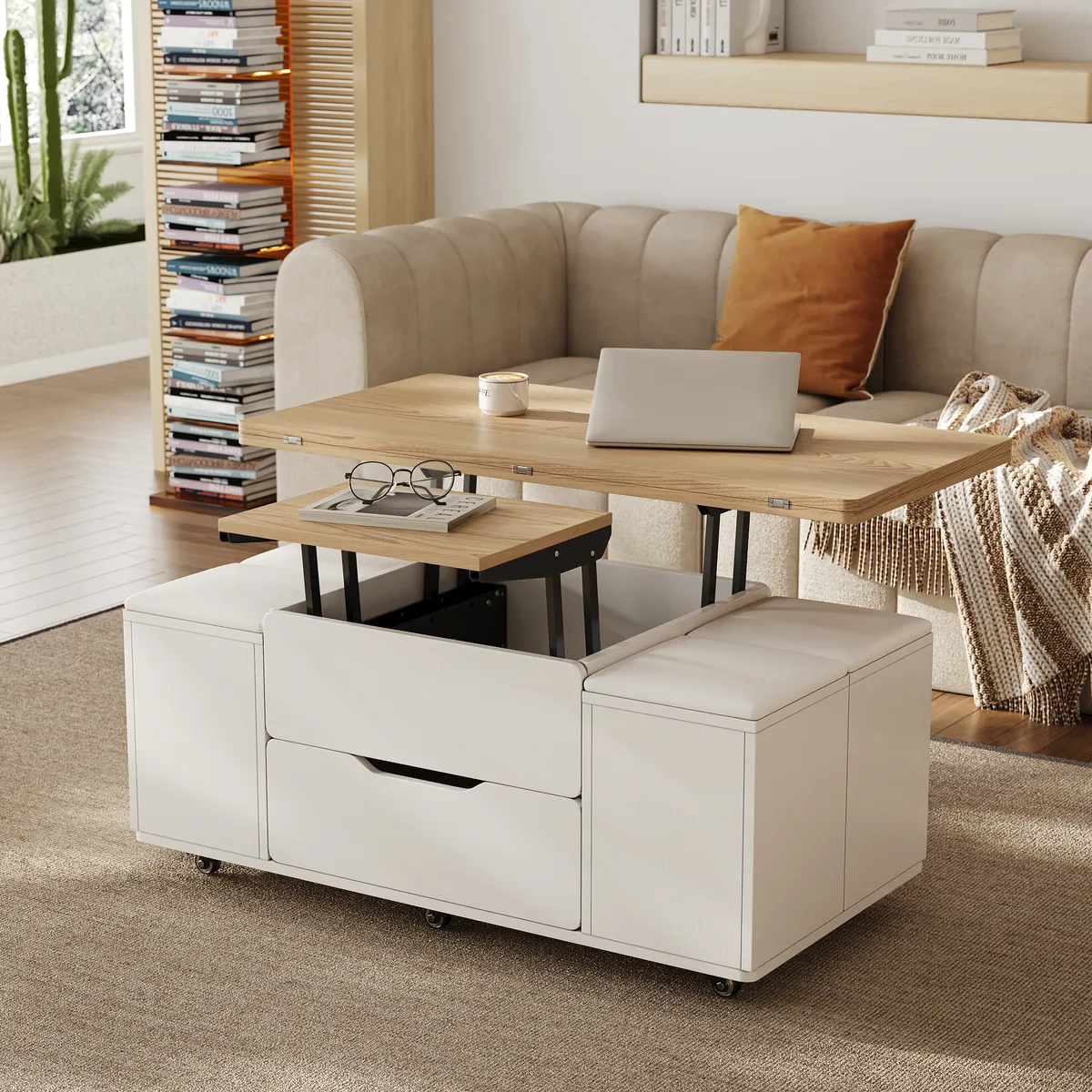 Modern Walnut Lift Top Coffee Table 4 in 1 with Storage Ottoman Foldable and Casters — image 23