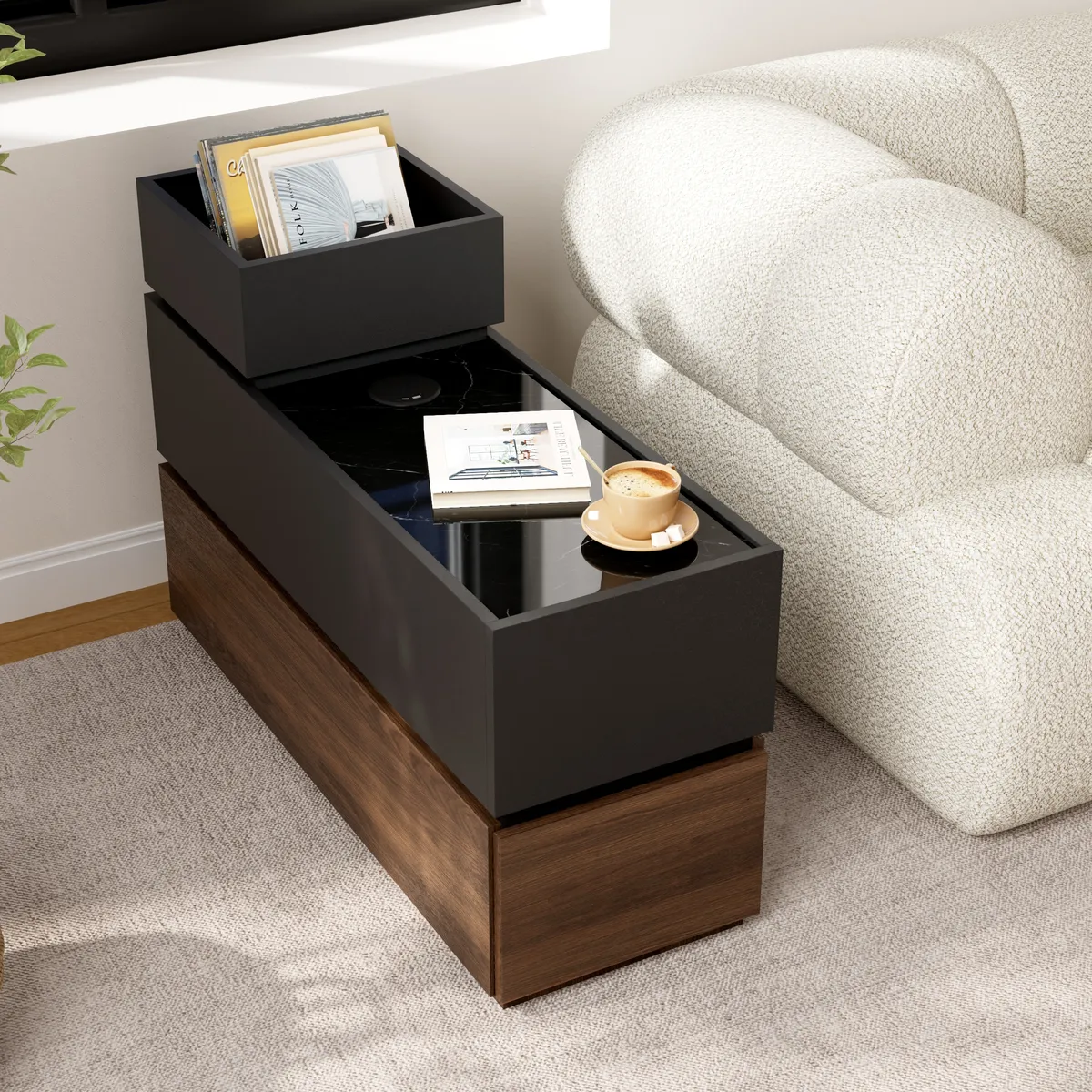 Travertine Stone Top Narrow Smart Side Table with Storage Modern Walnut End Table with USB Charging — image 2