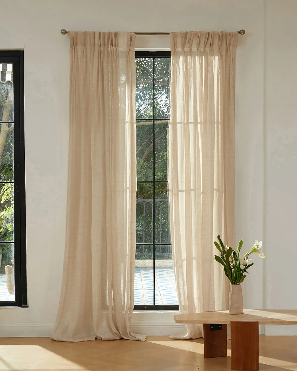 Silhouette 34 x 109 Inch Double French Pinch Pleat Sand Linen Woven Sheer Curtain