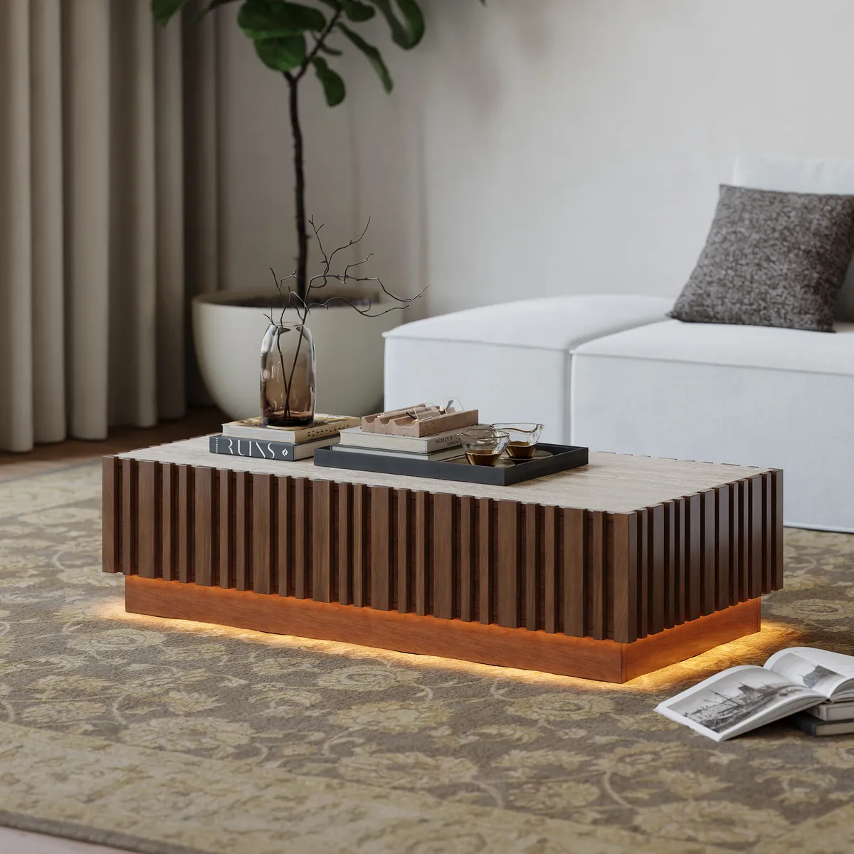Aura 47" Ash Wood Slatted Coffee Table with Sintered Stone Top — image 15