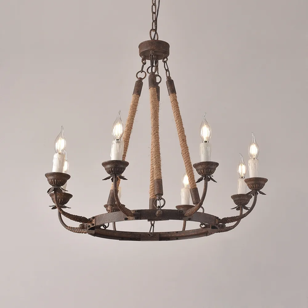 Bever Vintage 12-Light Candelabra Wagon Wheel Chandelier with Flaxen Hemp Rope — image 17