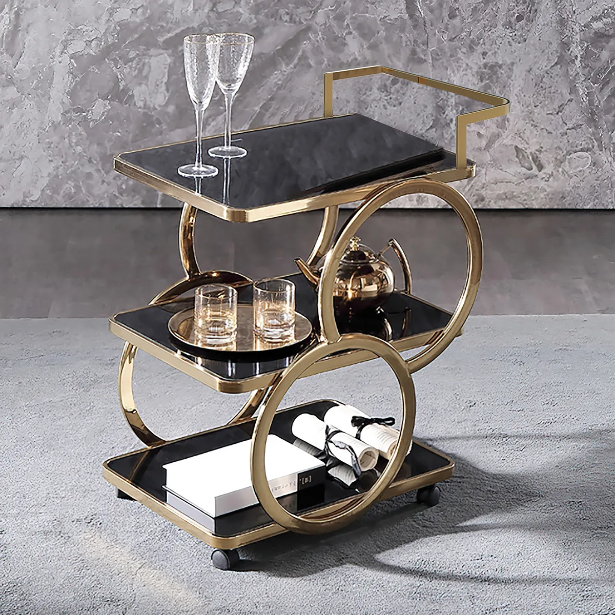 Rolling 3-Tier on Wheel Bar Cart with Handle in Black & Brushed Gold Style