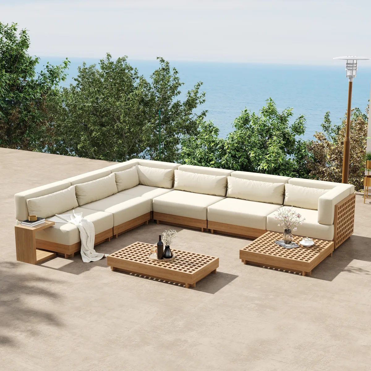 Grida 9-Piece Teak Luxury Modular L-Shaped Outdoor Patio Sectional Sofa Set in Gray with Coffee Table and Cushions — image 4