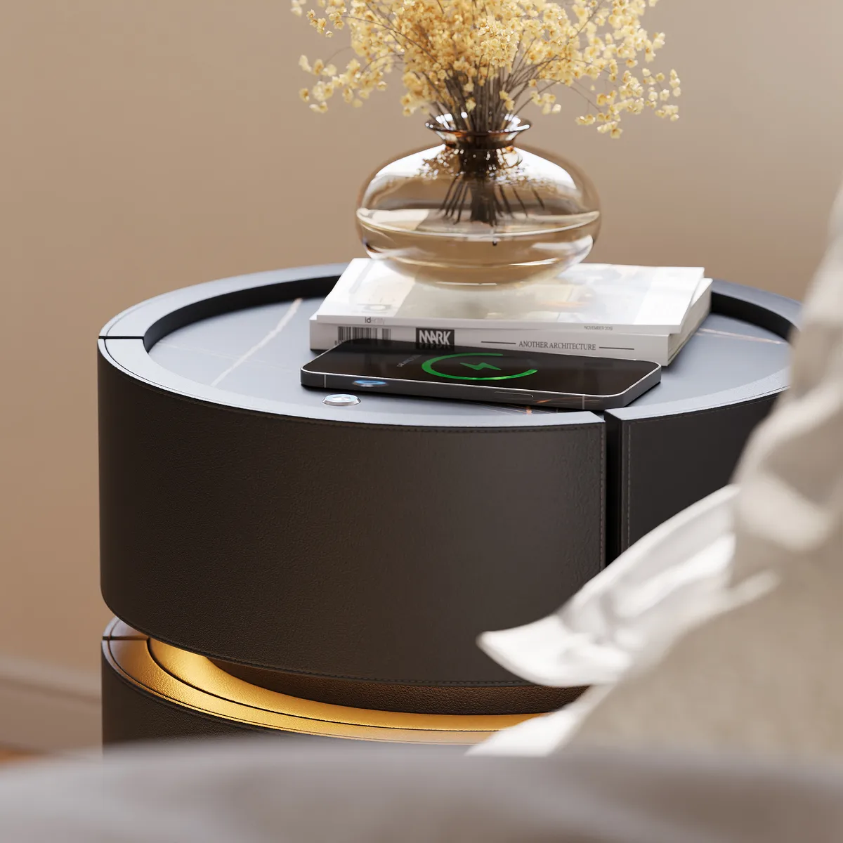 Round Saddle Leather Nightstand with Wireless Charging Bedside Table — image 17