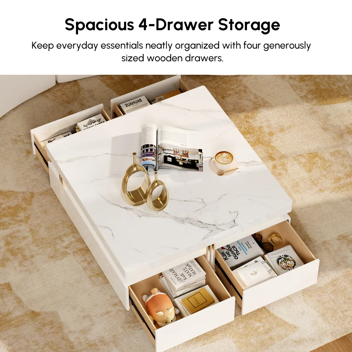 Trimied 43" Modern Black Square Storage Coffee Table Stone Top & 4 Wood Drawers — image 18