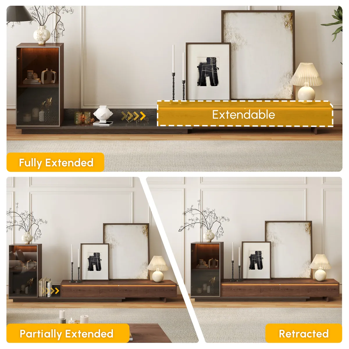 Fero Retracted & Extendable 3 Drawers TV Stand with Bookcase & LED Lighting in Walnut & Gray Up — image 9