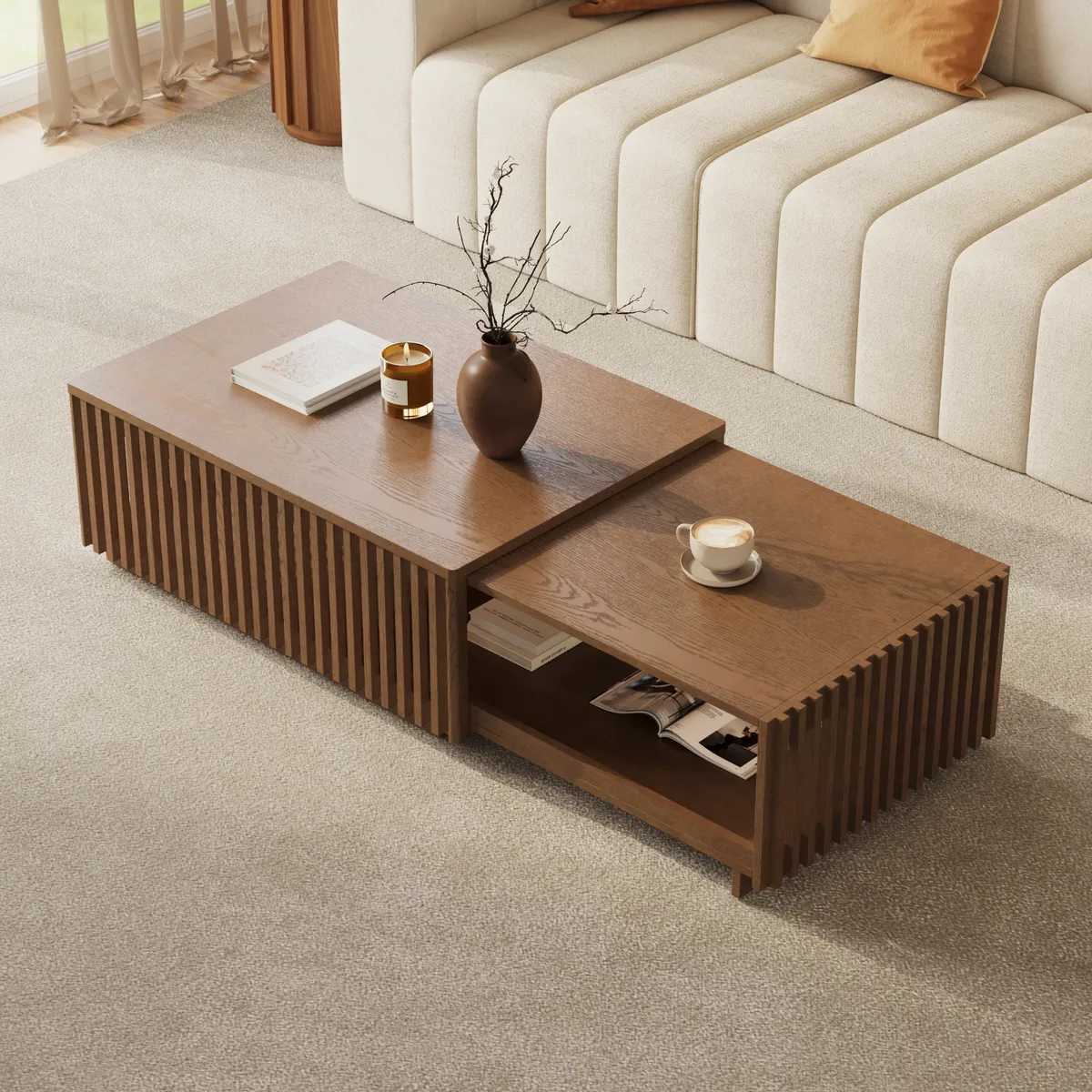 Homary Modern 33"-55" Mid-Century Extendable Walnut Coffee Table with Storage — image 5