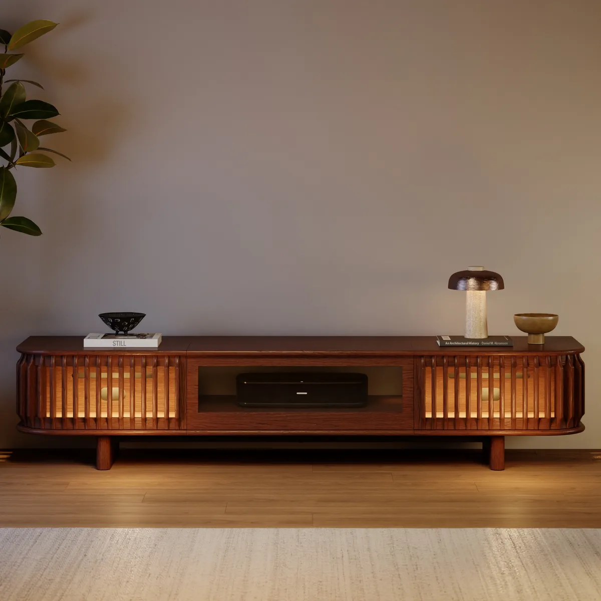 80" Ash Wood Fluted Walnut Projector TV Stand with LED — image 2